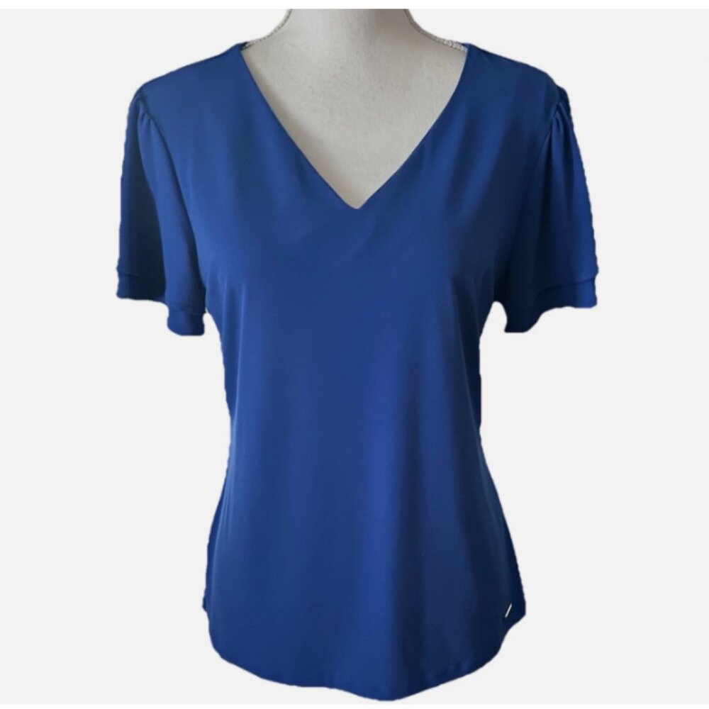 Calvin Klein Royal Blue Blouse Flutter Sleeve V-Neck Stretchy